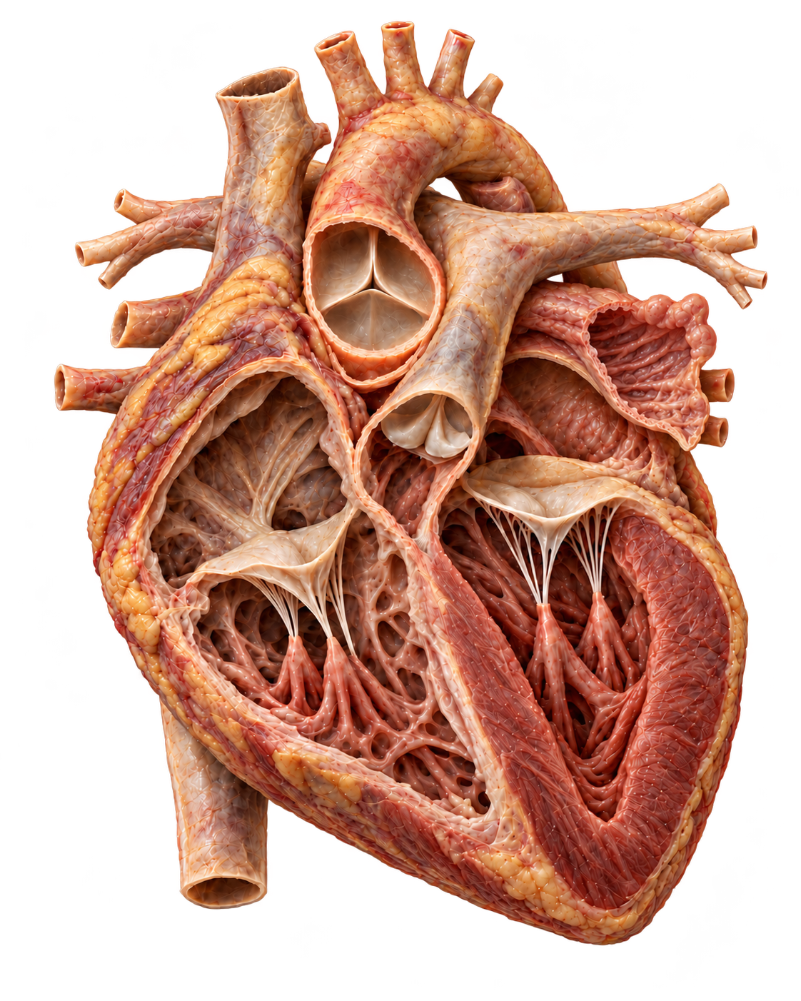 Realistic cutaway heart illustration including the left atrial appendage